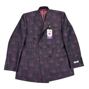 Tayion Mens Classic Fit Jacquard Double-Breasted Suit Jacket Wine Red Black 42R
